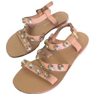 Report Signature Zoran Tan Rhinestone Sandals, ankle buckle closure